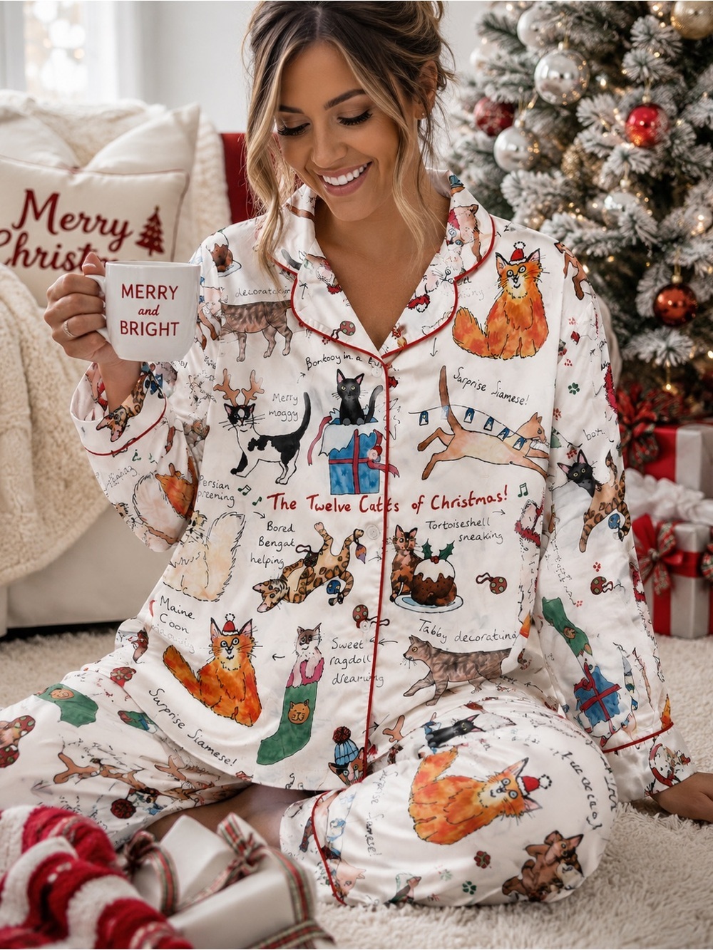NWT Sheshow Christmas Cat Satin Pajama Set | Long Sleeve Button-Up Holiday Sleep